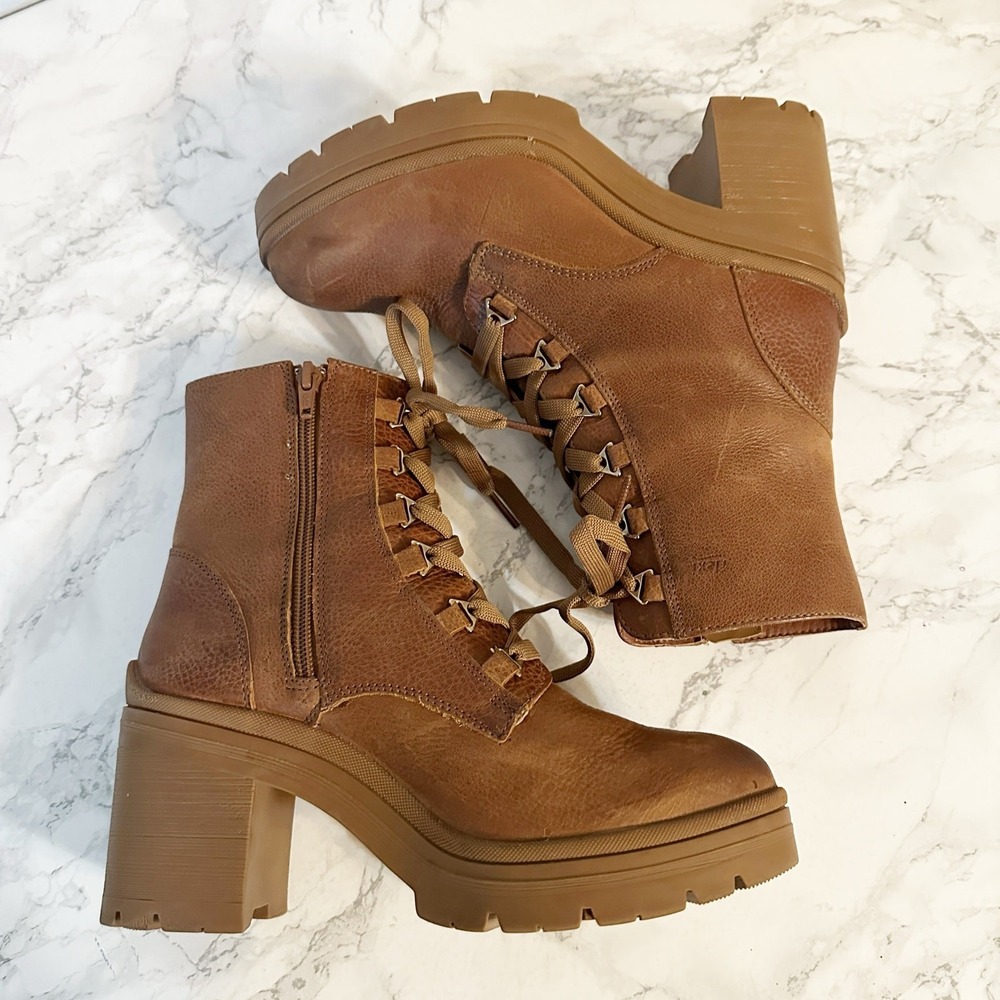 Flexi Tan Leather Lace Up Chunky Heel Lug Sole Mid Calf Boots Women's Size 7.5 - Picture 6 of 12